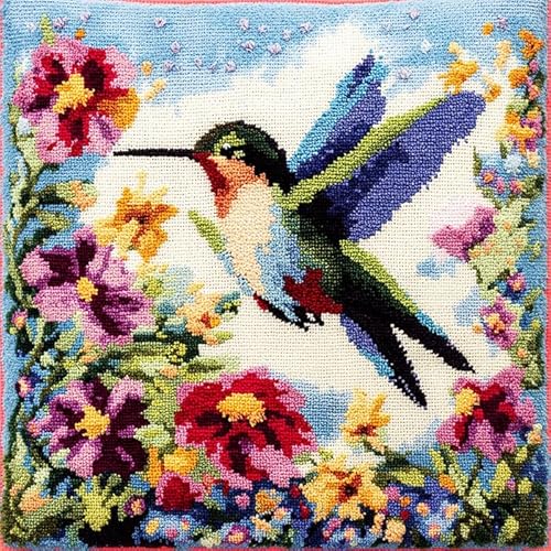 WallustrioaW Knüpfkissen-Set Tiere Kolibris und Blumen,für Kinder oder Anfänger Erwachsene zum Selber Knüpfen,DIY Knüpfteppich Knüpfpackung,Knüpfhaken Set,43x43cm von WallustrioaW