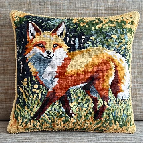 WallustrioaW Knüpfkissen Set Tierfuchs auf dem Gras,Knüpfkissen Set für Anfänger Erwachsene oder Kinder zum Selber Knüpfen,DIY Knüpfteppich Knüpfpackung,43x43cm von WallustrioaW