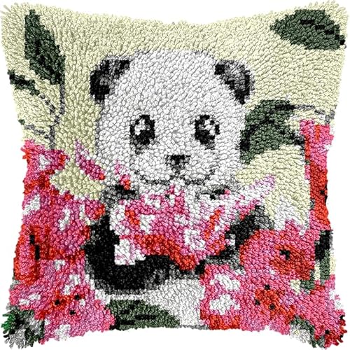 WallustrioaW Knüpfkissen Zum Selbermachen,Kissen Knüpfen Kit,Tierpanda und Blumen,DIY Kissen Knüpfen Set Knüpfteppiche Set Sofakissenbezug Handgemachte Geschenke,43x43cm von WallustrioaW