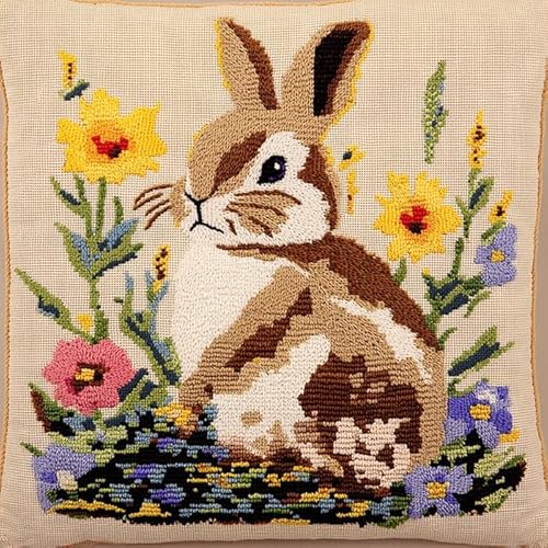 WallustrioaW Knüpfkissen Zum Selbermachen,Kissen Knüpfen Kit Tiere,Kaninchen in den Blumen,DIY Kissen Knüpfen Set Knüpfteppiche Set Sofakissenbezug Handgemachte Geschenke,43x43cm von WallustrioaW