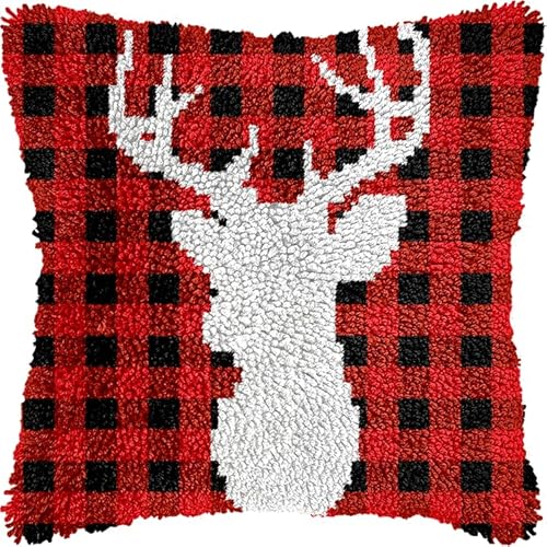 WallustrioaW Knüpfkissen Zum Selbermachen,Kissen Knüpfen Kit Weihnachten,Tier Elch,DIY Kissen Knüpfen Set Knüpfteppiche Set Sofakissenbezug Handgemachte Geschenke,43x43cm von WallustrioaW