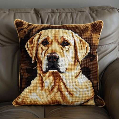 WallustrioaW Labrador Retriever Kreuzstich Kissen Set,Tierhund,Stickset Kreuzstich Set Vorgedruckt,Kissen 45x45cm stickset anfänger,Heimdekoration von WallustrioaW