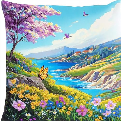 WallustrioaW Landschaft Cross Stitch Pillow Kit,Blumen und Bäume am Fluss DIY Cushion Embroidery Kit 45x45cm Needlepoint Handmade Needlework Cushion Kit von WallustrioaW