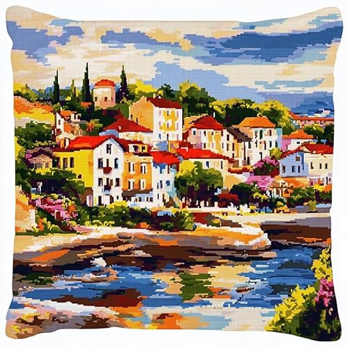 WallustrioaW Landschaft Cross Stitch Pillow Kit,Stadthäuser am Meer DIY Cushion Embroidery Kit 45x45cm Needlepoint Handmade Needlework Cushion Kit von WallustrioaW