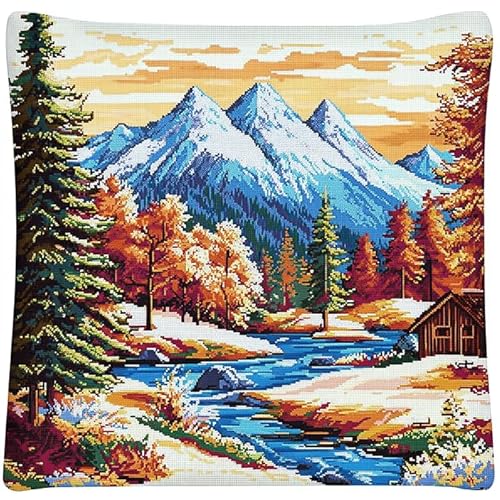 WallustrioaW Landschaft Cross Stitch Pillow Kit,Wald unter dem Berg Fuji DIY Cushion Embroidery Kit 45x45cm Needlepoint Handmade Needlework Cushion Kit von WallustrioaW