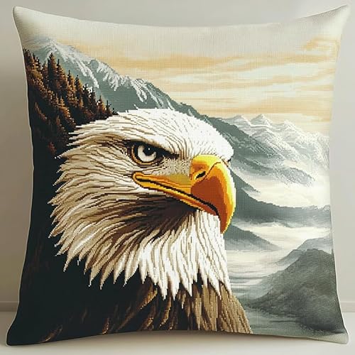 WallustrioaW Landschaft Cross Stitch Pillow Kit,tierischer Weißkopfseeadlervogel DIY Cushion Embroidery Kit 45x45cm Needlepoint Handmade Needlework Cushion Kit von WallustrioaW