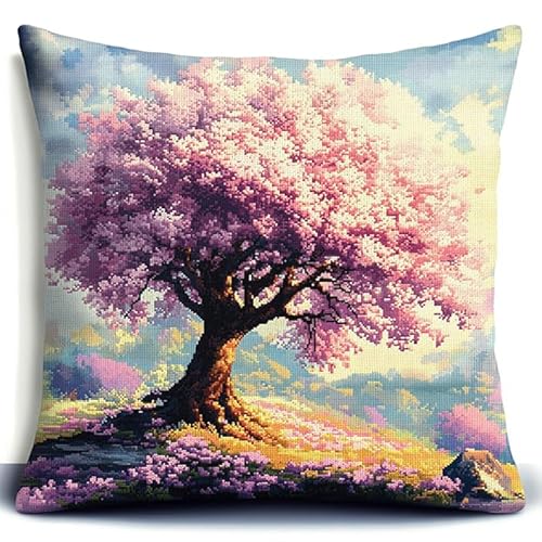 WallustrioaW Landschaft DIY Kreuzstichkissen,Ein rosa Kirschbaum,Stickset,Kreuzstich Kissen zum Basteln Stickkissen Stickpackung mit Vorgedruckt Kreuzstichmotiv,45x45cm von WallustrioaW