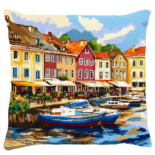 WallustrioaW Landschaft DIY Kreuzstichkissen,Stickset,Kissenbezug,Stadthäuser am Meer,Kreuzstichkissen,45x45cm,stickset anfänger,Handstickerei Nähkissenbezug von WallustrioaW