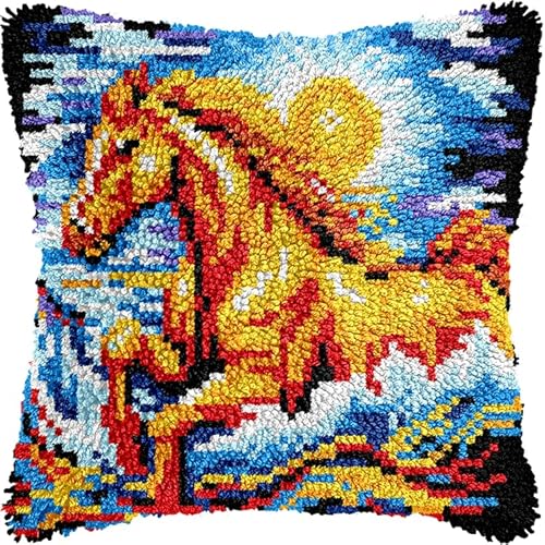 WallustrioaW Landschaft Knüpfen Kissen Set,laufendes Pferd,Latch Hook Kissen Kit Knüpfteppich Knüpfpackung Set,Sofakissenbezug Handgemachte Geschenke,43x43cm von WallustrioaW