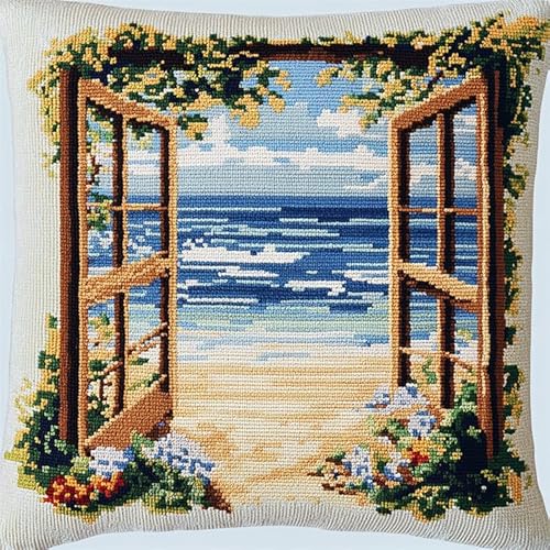 WallustrioaW Landschaft Knüpfkissen Set,Latch Hook Kissen Kit,Der Strand vor dem Fenster,3D Handgemachte Geschenke Knüpfteppich Für Kinder Und Erwachsene Knüpfset,43x43cm von WallustrioaW