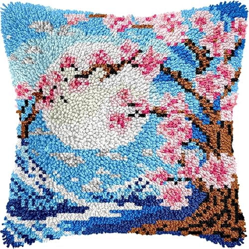 WallustrioaW Landschaft Knüpfkissen-Set,Mond-Sakura-Baum,für Kinder oder Anfänger Erwachsene zum Selber Knüpfen,DIY Knüpfteppich Knüpfpackung,Knüpfhaken Set,43x43cm von WallustrioaW