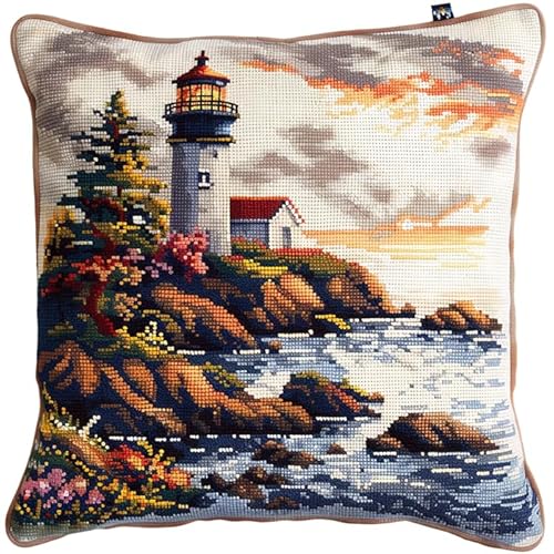 WallustrioaW Landschaft Kreuzstich Kissen Set,Leuchtturm am Meer,Stickset Kreuzstich Set Vorgedruckt,Kissen 45x45cm stickset anfänger,Heimdekoration von WallustrioaW