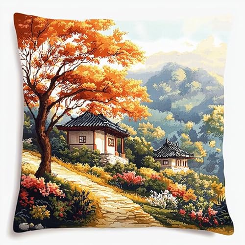 WallustrioaW Landschaft Kreuzstich Kissen Set,Parkpavillon,Stickset Kreuzstich Set Vorgedruckt,Kissen 45x45cm stickset anfänger,Heimdekoration von WallustrioaW