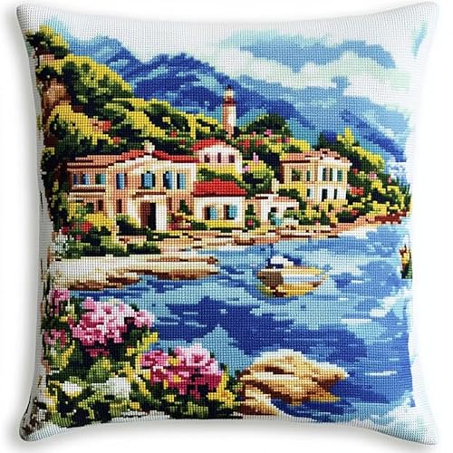 WallustrioaW Landschaft Kreuzstich Kissen Set,Stadthäuser am Meer,DIY Kreuzstichkissen,Kreuzstich,Handarbeiten Stickerei,Heim-Bastelsets,Sofa-Dekoration,45x45cm von WallustrioaW