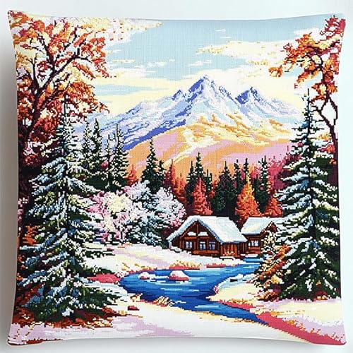 WallustrioaW Landschaft Kreuzstich Kissen Set,Wald unter dem Berg Fuji,DIY Kreuzstichkissen,Kreuzstich,Handarbeiten Stickerei,Heim-Bastelsets,Sofa-Dekoration,45x45cm von WallustrioaW