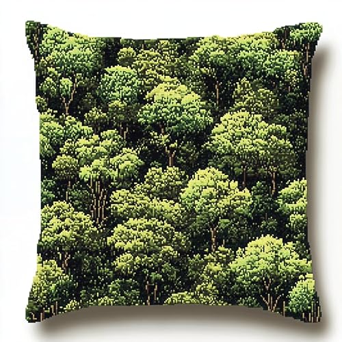 WallustrioaW Landschaft Kreuzstich Kissen Set,dichter Wald,DIY Kreuzstichkissen,Kreuzstich,Handarbeiten Stickerei,Heim-Bastelsets,Sofa-Dekoration,45x45cm von WallustrioaW