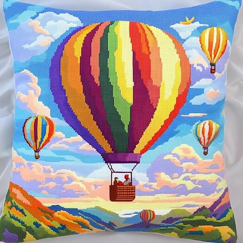 WallustrioaW Landschaft Kreuzstichkissen,Bunter Heißluftballon,Kreuzstickpackung vorgedruckt Sticksets Für Erwachsene,Anfänger,45x45cm Kreuzstichkissen/Stickkissen-Set von WallustrioaW