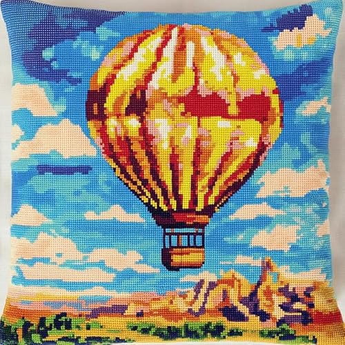 WallustrioaW Landschaft Kreuzstichkissen,Bunter Heißluftballon,Stickbild vorgezeichnet Kreuzstichpackung Kissen,11CT Sticken Set,Bastelsets Handstickerei-DIY,45x45cm von WallustrioaW