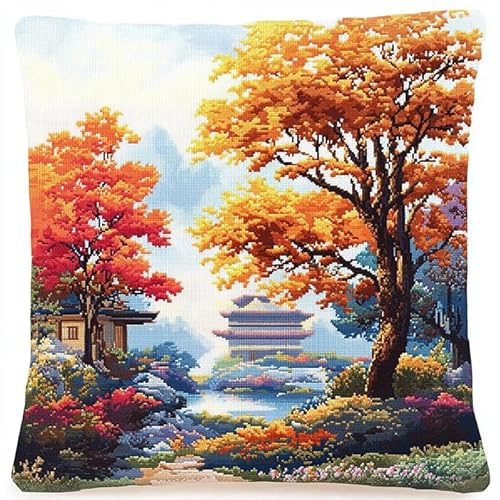 WallustrioaW Landschaft Kreuzstichkissen,Parkpavillon,Kreuzstickpackung vorgedruckt Sticksets Für Erwachsene,Anfänger,45x45cm Kreuzstichkissen/Stickkissen-Set von WallustrioaW