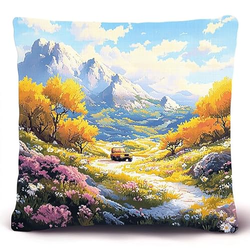 WallustrioaW Landschaft Kreuzstichkissen Kreuzstichpackung,Blumen und Bäume am Fluss,Stickpackung,Kreuzstichkissen vorgedruckt,45x45cm,Sticksets Für Erwachsene,Anfänger von WallustrioaW