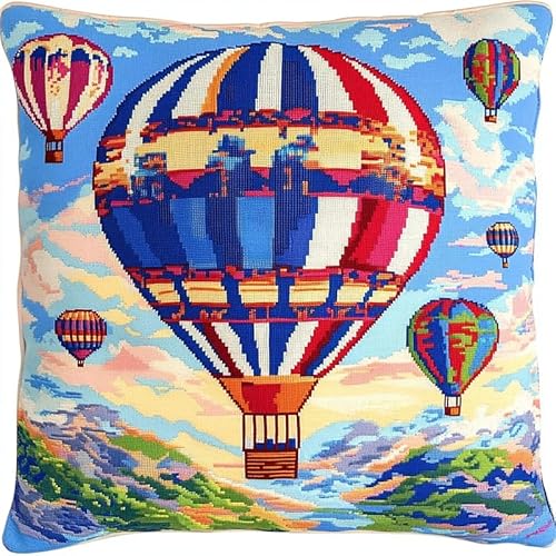 WallustrioaW Landschaft Kreuzstichkissen Kreuzstichpackung,Bunter Heißluftballon,Stickpackung,Kreuzstichkissen vorgedruckt,45x45cm,Sticksets Für Erwachsene,Anfänger von WallustrioaW