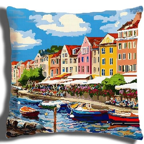 WallustrioaW Landschaft Kreuzstichkissen Kreuzstichpackung,Stadthäuser am Meer,Stickpackung,Kreuzstichkissen vorgedruckt,45x45cm,Sticksets Für Erwachsene,Anfänger von WallustrioaW