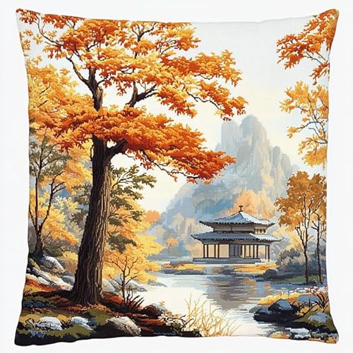 WallustrioaW Landschaft cross stitch cushion Kit for Adult Beginner,Parkpavillon Cushion Needlework Kit with Embroidery Pattern on Cotton Canvas Holiday,Gift Kits 18x18in von WallustrioaW