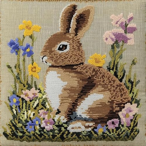 WallustrioaW Latch Cushion for Adults and Beginners Tiere,Kaninchen in den Blumen,DIY 3D Sofa Cushion Cover,Knotting Cushion for Yourself,Cross Stitch Set,Handmade Gifts,43x43cm von WallustrioaW