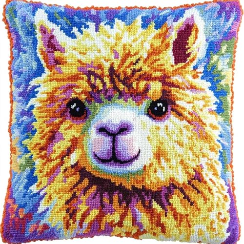 WallustrioaW Latch Hook Cushion Kits for Beginners Adults Tiere,süßes Alpaka,DIY Latch Rug Sets,Cushion Cover,Carpet Embroidery Set,Crochet Pre-Printed Pattern,43x43cm von WallustrioaW