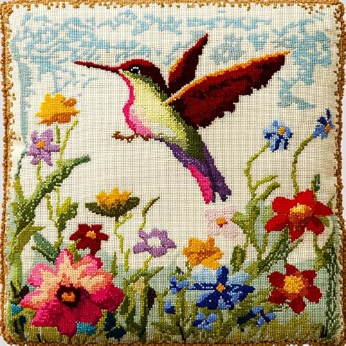 WallustrioaW Latch Hook Cushion Kits for Beginners Adults Tiere Kolibris und Blumen,DIY Latch Rug Sets,Cushion Cover,Carpet Embroidery Set,Crochet Pre-Printed Pattern,43x43cm von WallustrioaW