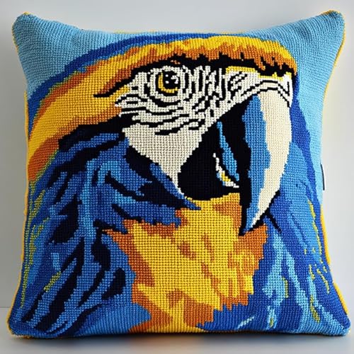 WallustrioaW Latch Hook Kits Cushion Cover Tiere,blauer Papagei,Latch Hook Embroidery Kit for Adults and Beginners Pillow Case Sofa Cushion Cover Craft Kits,43x43cm von WallustrioaW