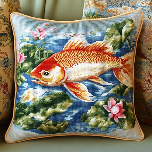 WallustrioaW Lotusteich Cross Stitch Pillow Kit,Großer roter Karpfen DIY Cushion Embroidery Kit 45x45cm Needlepoint Handmade Needlework Cushion Kit von WallustrioaW