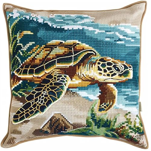 WallustrioaW Meerestiere Cross Stitch Pillow Kit,Meeresschildkröte DIY Cushion Embroidery Kit 45x45cm Needlepoint Handmade Needlework Cushion Kit von WallustrioaW