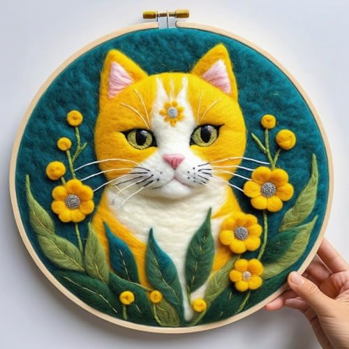 WallustrioaW Nadelfilz-Malsets für Anfänger,Blumentier süße Katze,DIY-Starter-Set Gestempelter Kreuzstich,Nadelfilz-Set,Heimdekoration,Kunsthandwerk von WallustrioaW