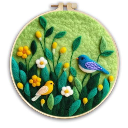 WallustrioaW Nadelfilzset für Anfänger,Vogel in Blumen,Nadelfilz-Malset inklusive Wolle,Stickrahmen,Filznadeln,Nadelfilz Schaumstoff Pad,für DIY Heimdekoration von WallustrioaW