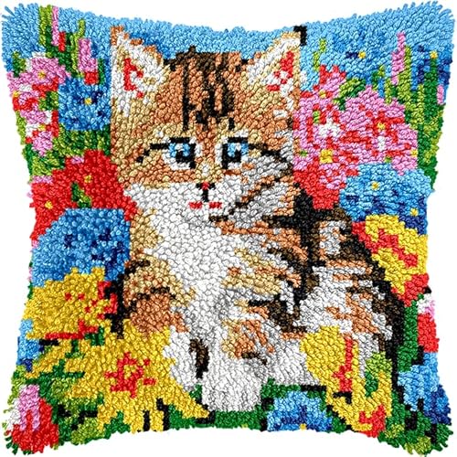 WallustrioaW Ostern Gestempeltes Kissen-Knüpf-Set,Tiere, Katzen und Blumen,Diy-Knüpf-Kissen-Set,Anfänger,Erwachsene,Geschenk Stickerei,Heimdekoration,Knüpf-Haken-Set,43x43cm von WallustrioaW