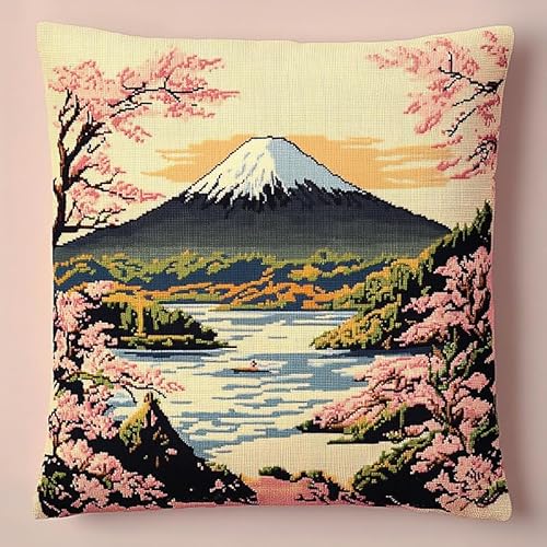 WallustrioaW Sakura-Park DIY Kreuzstichkissen,Stickset,Kissenbezug,Fuji-Landschaft,Kreuzstichkissen,45x45cm,stickset anfänger,Handstickerei Nähkissenbezug von WallustrioaW