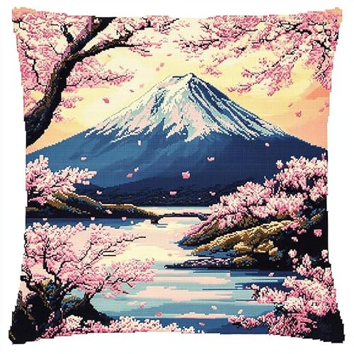 WallustrioaW Sakura-Park Kreuzstich Kissen,11CT Sticken Set,Fuji-Landschaft,Sticksets Für Erwachsene,Anfänger,Kreuzstichkissen/Stickkissen-Set,45x45cm von WallustrioaW