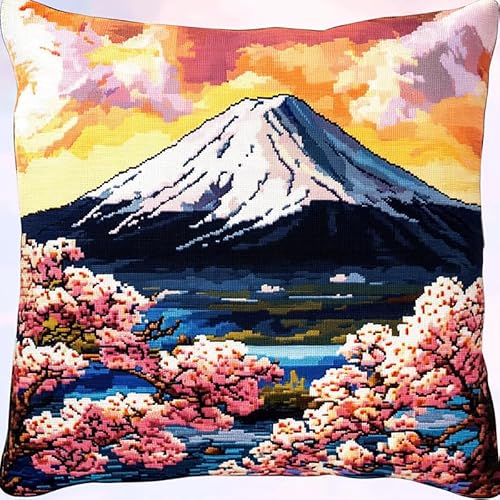 WallustrioaW Sakura-Park Kreuzstich Kissen Set,Fuji-Landschaft,Stickset Kreuzstich Set Vorgedruckt,Kissen 45x45cm stickset anfänger,Heimdekoration von WallustrioaW