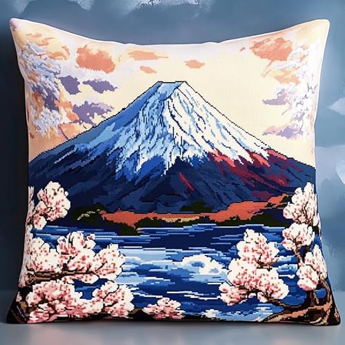 WallustrioaW Sakura-Park Kreuzstichkissen,Fuji-Landschaft,Kreuzstickpackung vorgedruckt Sticksets Für Erwachsene,Anfänger,45x45cm Kreuzstichkissen/Stickkissen-Set von WallustrioaW