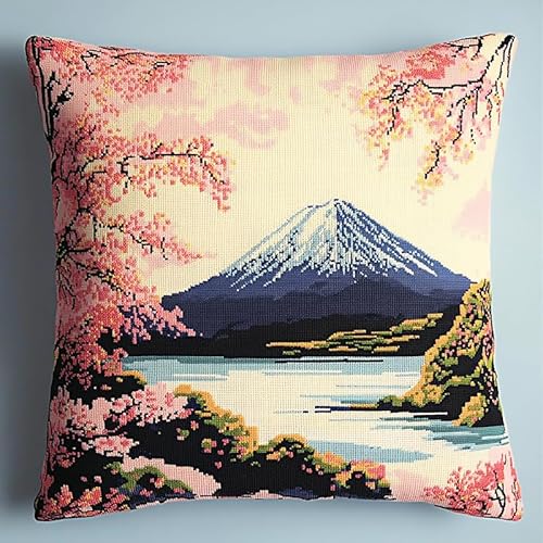 WallustrioaW Sakura-Park cross stitch cushion Kit for Adult Beginner,Fuji-Landschaft Cushion Needlework Kit with Embroidery Pattern on Cotton Canvas Holiday,Gift Kits 18x18in von WallustrioaW