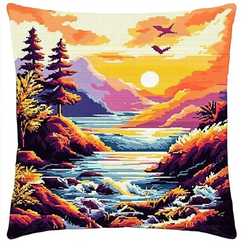 WallustrioaW Sonnenuntergangslandschaft Cross Stitch Pillow Kit,Waldsee DIY Cushion Embroidery Kit 45x45cm Needlepoint Handmade Needlework Cushion Kit von WallustrioaW