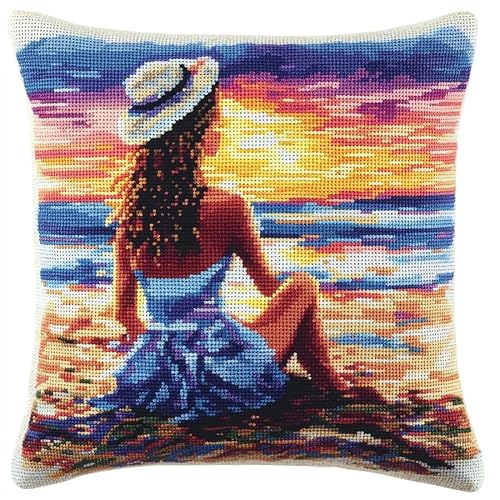 WallustrioaW Sonnenuntergangslandschaft Kreuzstich Kissen,11CT Sticken Set,Mädchen am Strand,Sticksets Für Erwachsene,Anfänger,Kreuzstichkissen/Stickkissen-Set,45x45cm von WallustrioaW