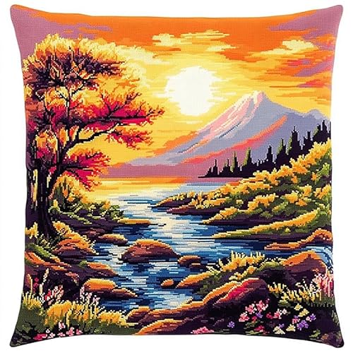 WallustrioaW Sonnenuntergangslandschaft Kreuzstichkissen,Waldsee,Stickbild vorgezeichnet Kreuzstichpackung Kissen,11CT Sticken Set,Bastelsets Handstickerei-DIY,45x45cm von WallustrioaW