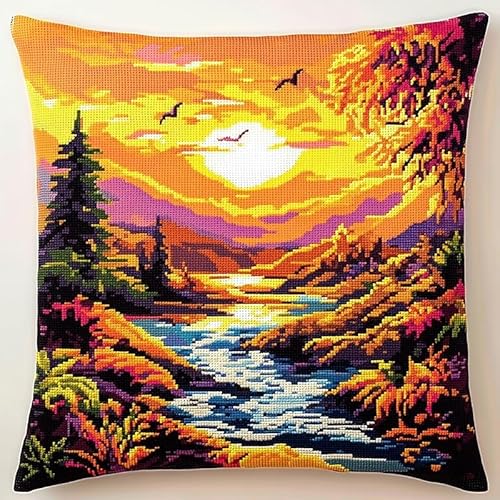 WallustrioaW Sonnenuntergangslandschaft Kreuzstichkissen Kreuzstichpackung,Waldsee,Stickpackung,Kreuzstichkissen vorgedruckt,45x45cm,Sticksets Für Erwachsene,Anfänger von WallustrioaW