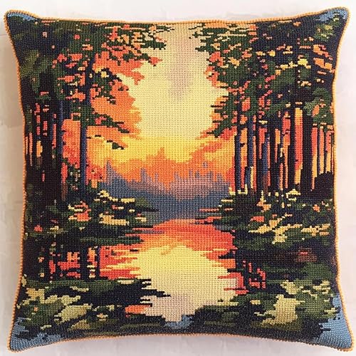 WallustrioaW Sonnenuntergangslandschaft Sticken Set Kreuzstich Kissen,Bambuswald,Kreuzstich-Sets Für Erwachsene,Stick-Sets,DIY-Handarbeit,Kissen-Sets,Heimdekoration 45x45cm von WallustrioaW