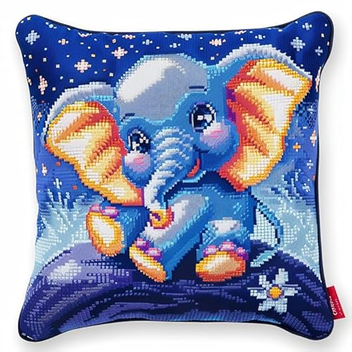 WallustrioaW Sternenhimmel-Nachtszene Kreuzstich Kissen Set,Cartoon-Elefant,DIY Kreuzstichkissen,Kreuzstich,Handarbeiten Stickerei,Heim-Bastelsets,Sofa-Dekoration,45x45cm von WallustrioaW