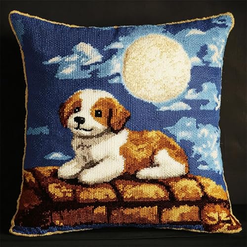 WallustrioaW Sternennachtszene Knüpfhaken-Set,Hund auf dem Dach,Kissenbezug astelkissen,Häkelgarn Nadelarbeiten Stickerei,Kissenbezug Teppich Sofa Weihnachtsdekoration,43x43cm von WallustrioaW