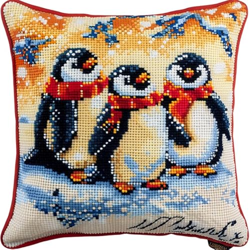 WallustrioaW Tier 11CT Stickset Kissenbezug,Pinguinfamilie,Kreuzstich-Set,45x45cm,Leinwand-Stickset Für Anfänger,Für Wohnzimmer,Schlafzimmer Dekoration von WallustrioaW