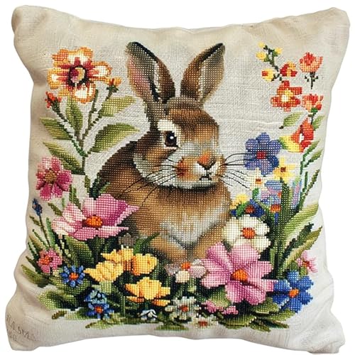 WallustrioaW Tier Cross Stitch Pillow Kit,Blumenhase DIY Cushion Embroidery Kit 45x45cm Needlepoint Handmade Needlework Cushion Kit von WallustrioaW